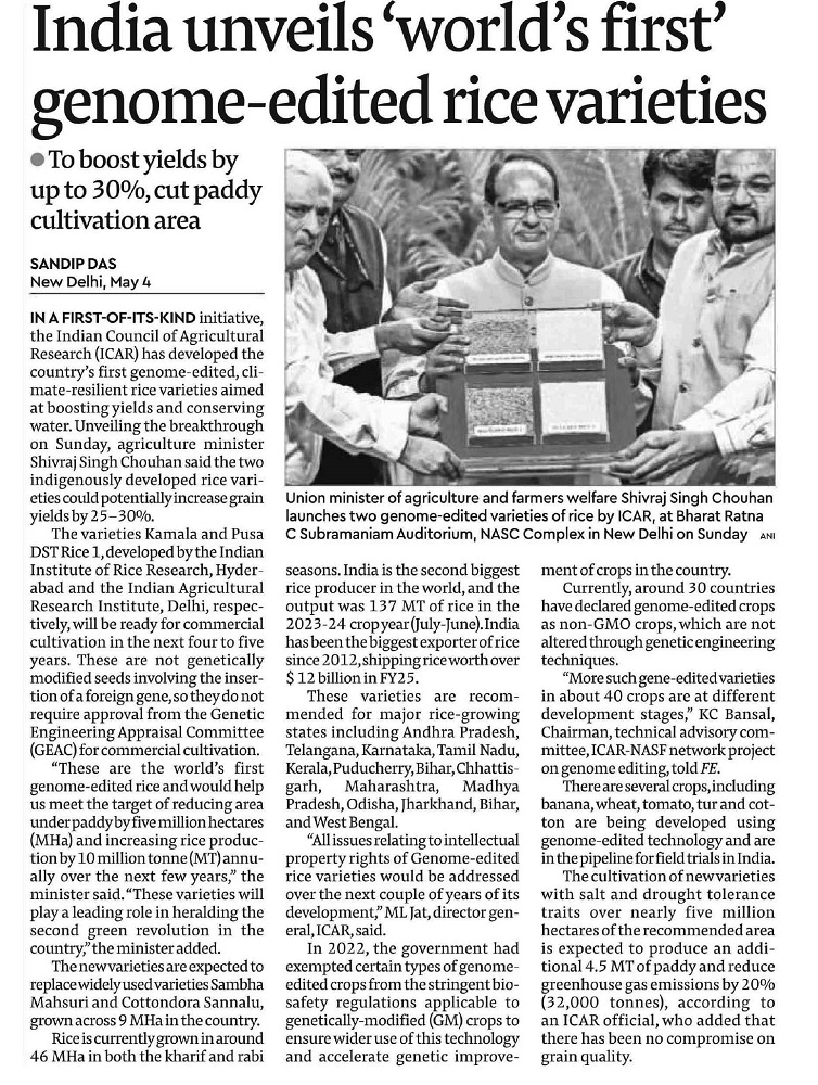 India unveils 'world's first' genome- edited rice varieties