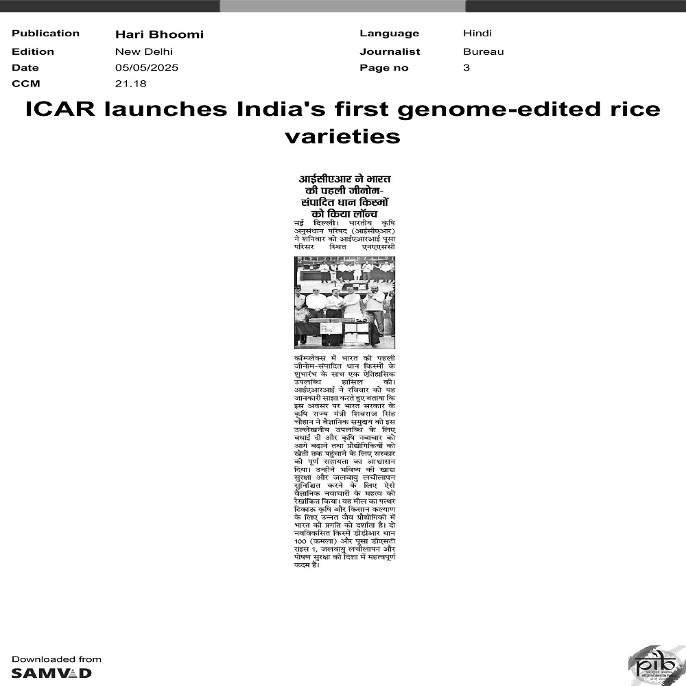 ICAR launches India's first genome- edited rice varieties