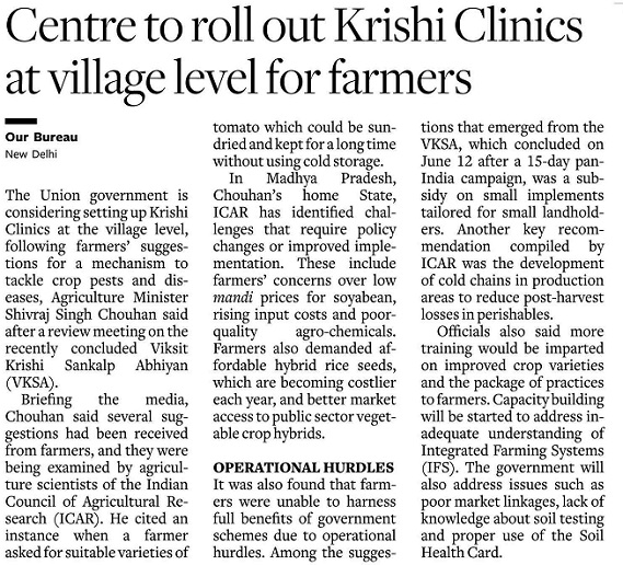 Centre to roll out Krishi Clinics at village level for farmers