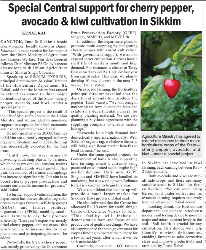 Special Central support for cherry pepper, avocado & kiwi cultivation in Sikkim