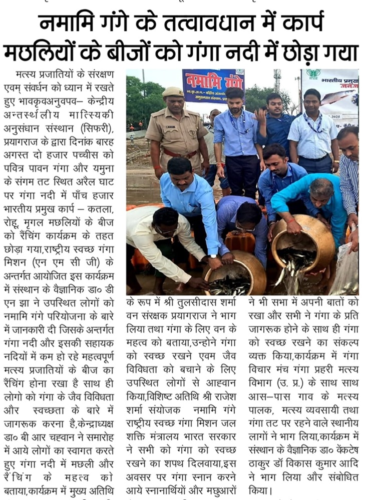 नमामि गंगे के तत्वावधान में कार्पमछलियों के बीजों को गंगा में छोड़ा गया!