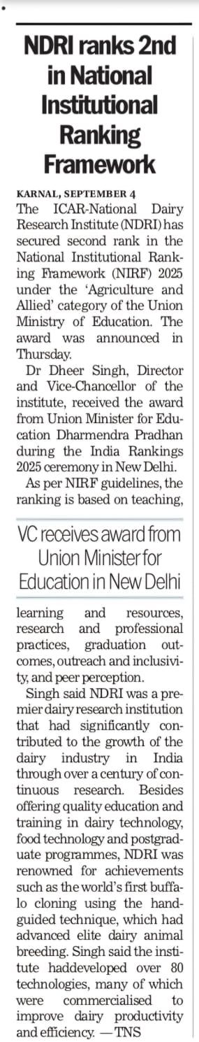 NDRI ranks second in National Institutional Rankings framework 