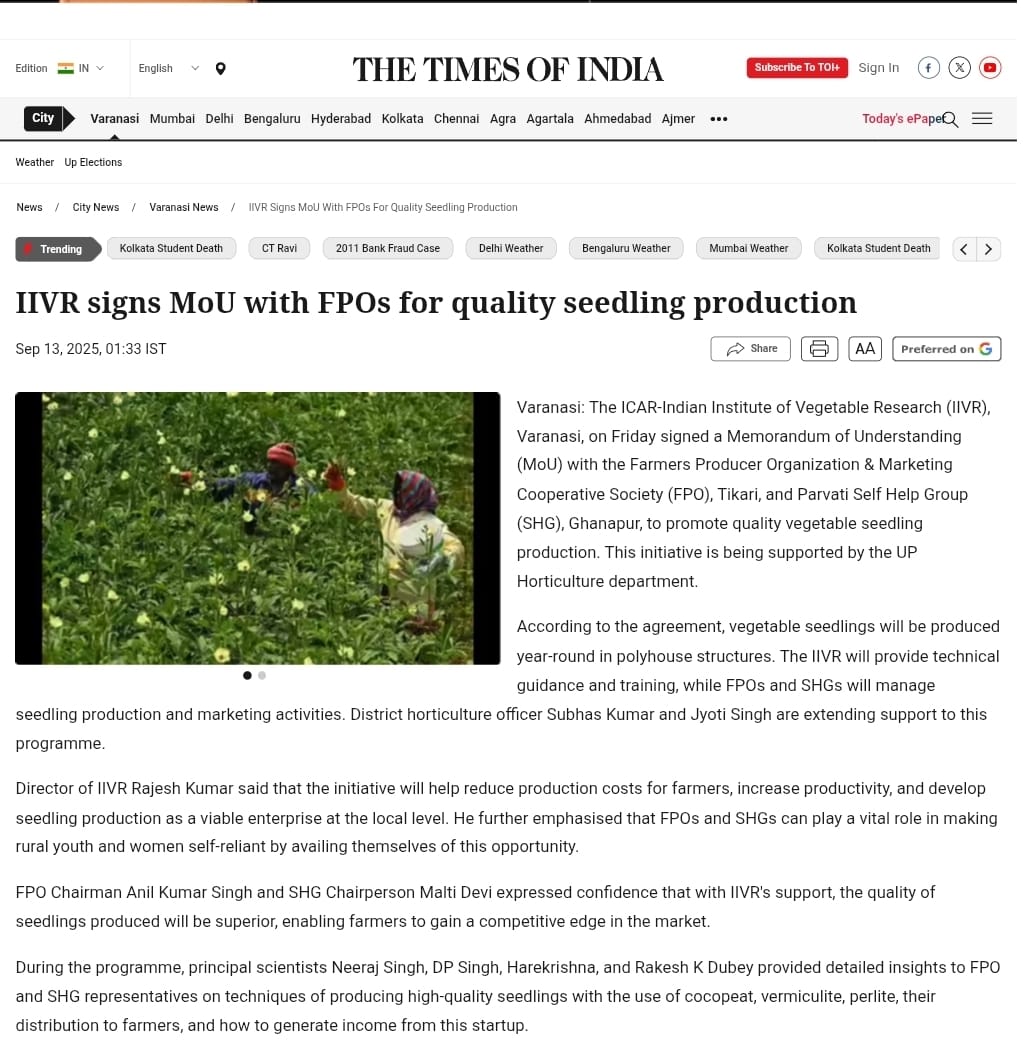 IIVR signs MoU with fpo's for quality seedling production