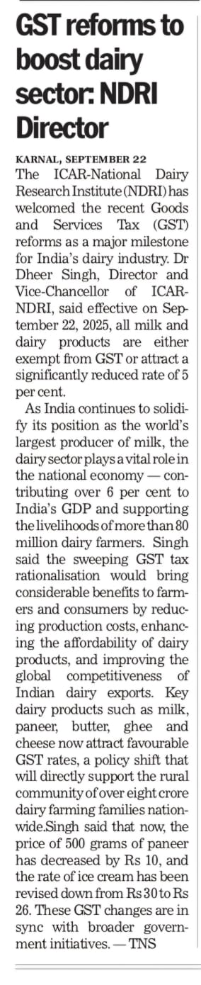 GST reforms to boost dairy sector: NDRI director