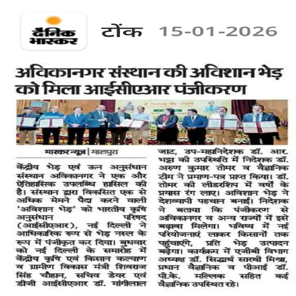 अविकानगर संस्थान की अविशान भेड़ को मिला आईसीएआर पंजीकरण