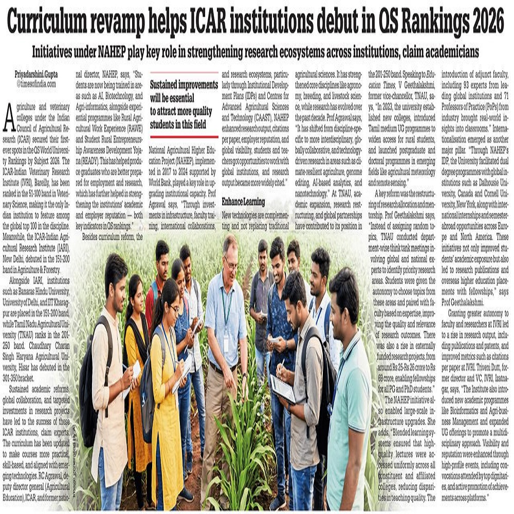 Curriculum revamp helps ICAR institutions debut in QS Rankings 2026