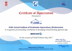 ICAR-CIFA’s Matsya Setu App gets Special Appreciation by Ministry of Fisheries, Animal Husbandry & Dairying on World Fisheries Day - 2021