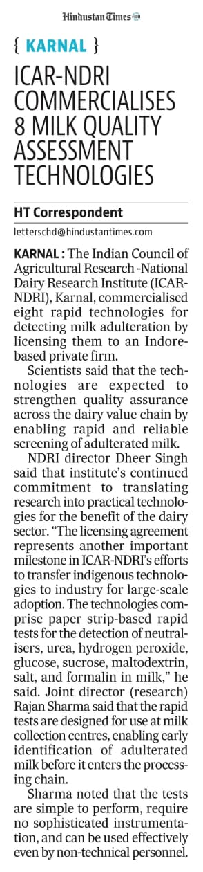 ICAR-NDRI COMMERCIALISES 8 MILK QUALITY ASSESSMENT TECHNOLOGIES